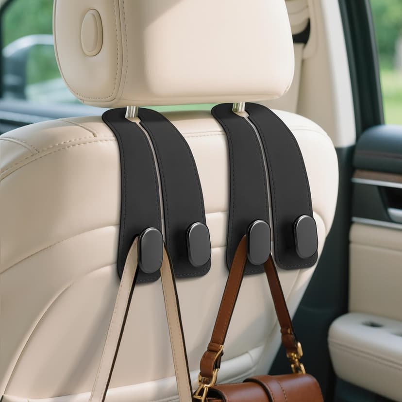 Car Seat Headrest Hooks, 2PCS Universal Car Purse Hook Leather Car Bag Hook | Black Car Bag Purse Holder with Double Metal Hooks for Handbags, Grocery Bags, Bottles, Phones