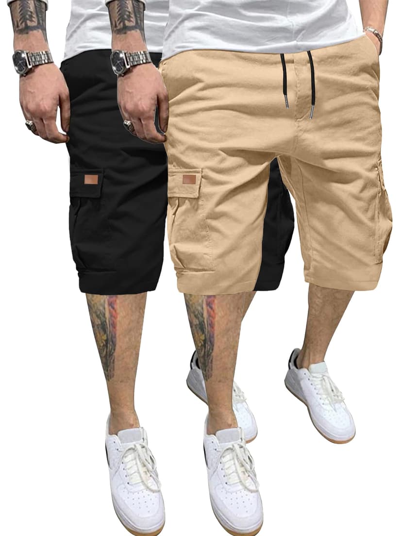 PLEPAN Men's Casual Cargo Shorts Classic Stretch Waist Drawstring Outdoor Work Shorts with 6 Pockets