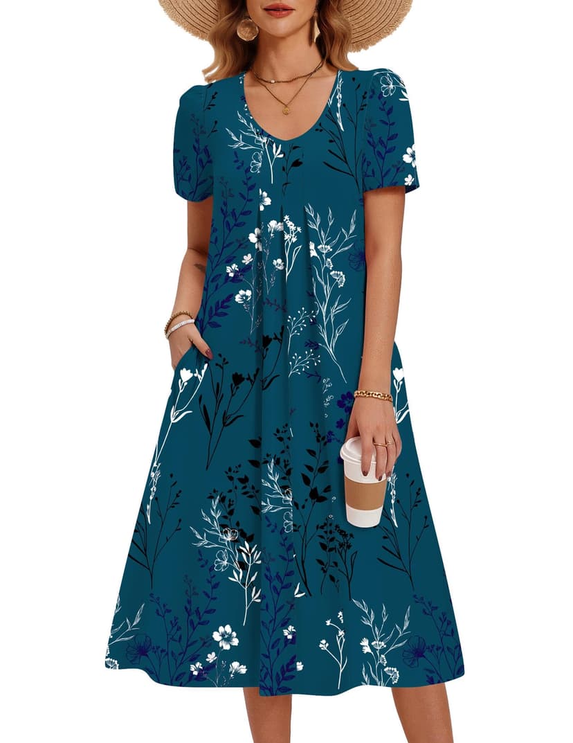 Zeagoo Summer Dress for Women Casual Floral Midi Sundress with Pockets V Neck Pleated Short Sleeve Aline Beach Vacation Dress