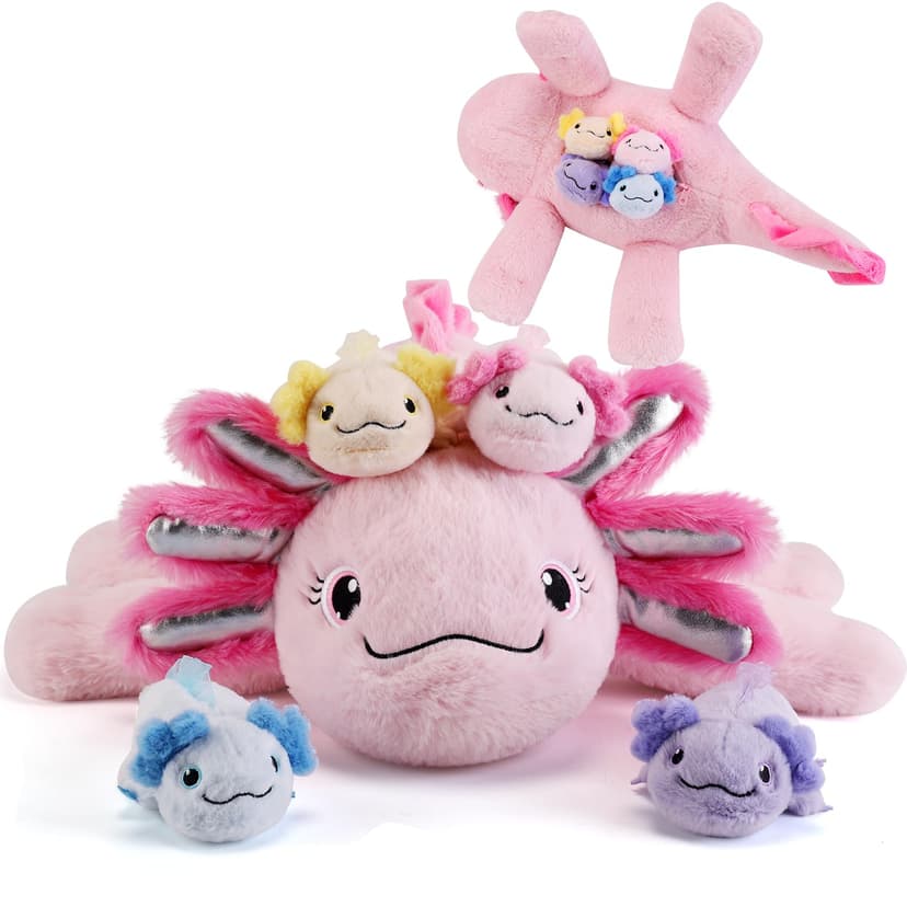 gnomantic Axolotl Stuffed Animals with Babies Inside, Mommy Toy for Kids | 5-Piece set: 1 mommy axolotl + 4 baby axolotls inside. Unzip belly to reveal surprise babies. Ultra-soft, ages 3-8.