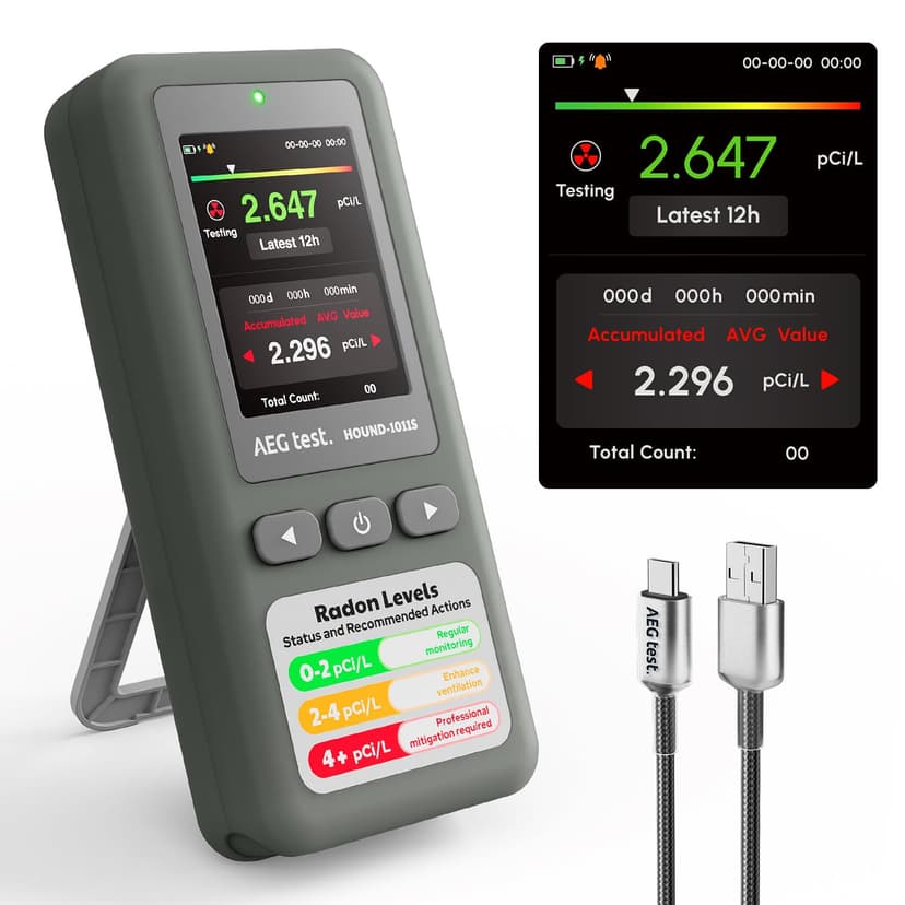 AEGTEST HOUND-1011S Portable Radon Detector, High-Accuracy Sensor for Home, Lightweight, Audible & Visual Alarms, Long-Term Monitoring, Easy-to-Use Radon Tester in pCi/L or Bq/m³ for Basement