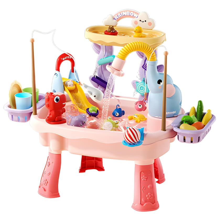 HUASHILUO 2027 Upgraded 4-in-1 Water Table for Toddlers 1-3, Kids Sensory Table with Electric Water Pump & Faucet, Kitchen Play Sink Toys with Food Accessories, Fishing Toy (NEW Pink)