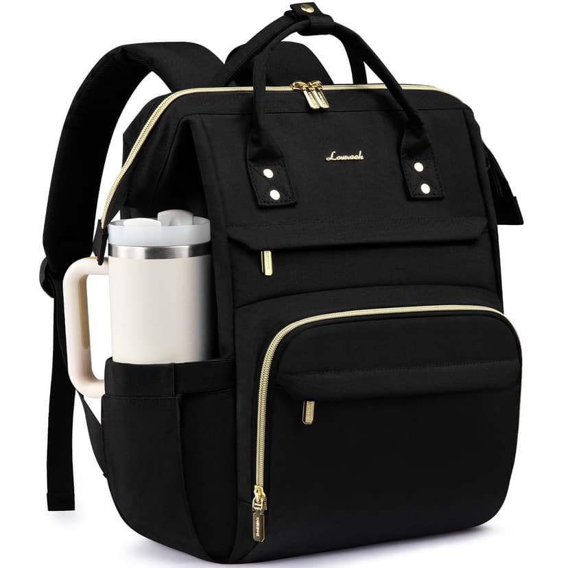 LOVEVOOK Laptop Backpack for Women with Giant Tumbler Holder Pocket,15.6 inch Waterproof Travel Backpack Purse Computer Laptop Bag,Professional Work College Nurse Teacher Backpack Casual Daypack,Black