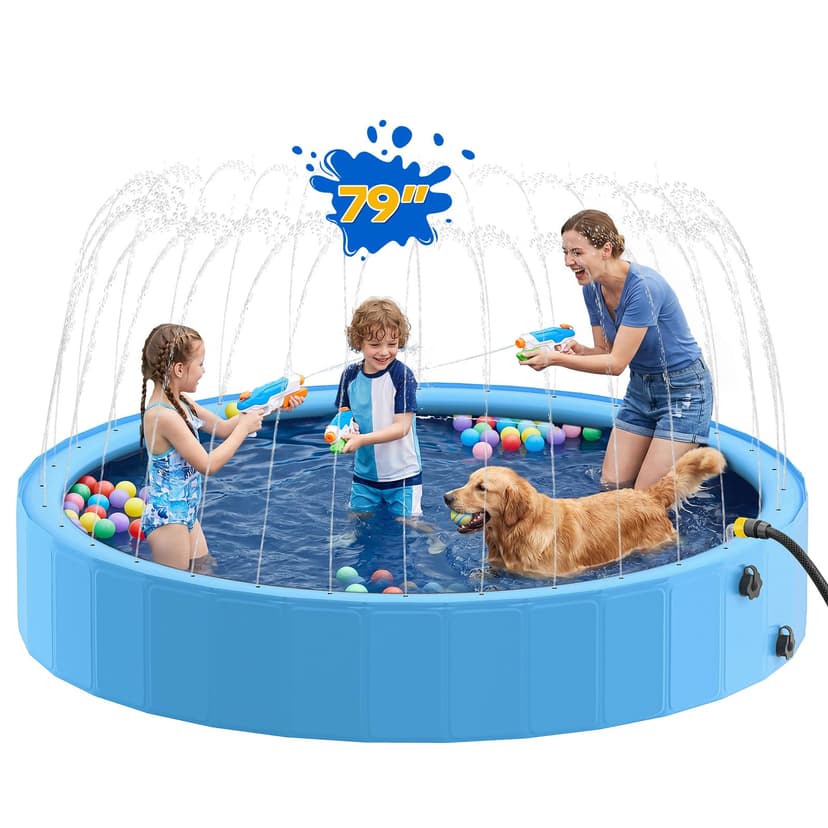 Raxurt 79" Foldable Dog Pool for Large Dogs, Kiddie Pool with Sprinkler, Non-Slip Splash Pool for Kids, Portable Pet Bathing Tub for Backyard Summer Water Play