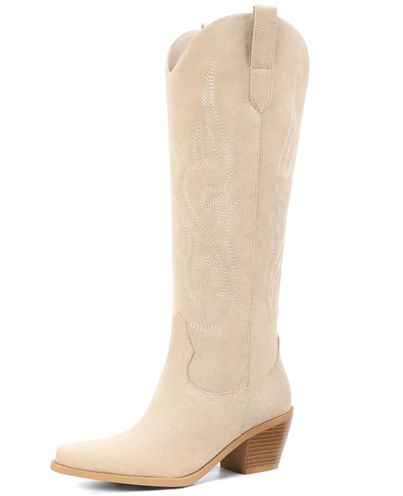 Pasuot Western Cowboy Boots for Women - Knee High Wide Calf Cowgirl Boots, Slip On Pointed Toe Chunky Heel Fashion Retro Classic Pull On Tall Boot for ladies Party concert