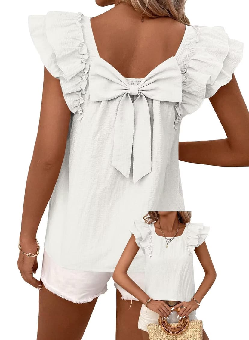 Falechay Womens Bow Tie Back Tops Babydoll Vneck Ruffle Short Sleeve Shirts | Cute Chiffon Blouses, Loose Fit Outfits, Dressy Casual, Hide Tummy, Business Work, Vacation Party Tee, 2026 Trendy, Chic