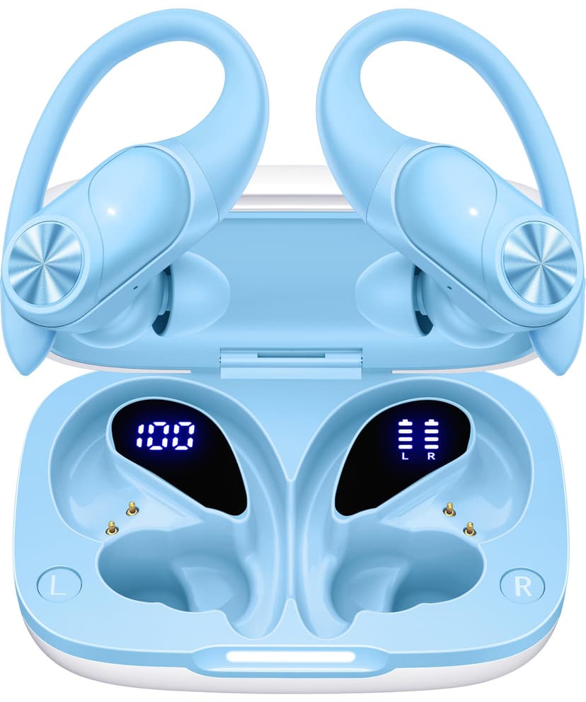 PocBuds Bluetooth Headphones Wireless Earbuds 80hrs Playtime Wireless Charging Case Digital Display Sports Ear Buds with Earhook Deep Bass IPX7 Waterproof Over-Ear Earphones for TV Phone Laptop Blue