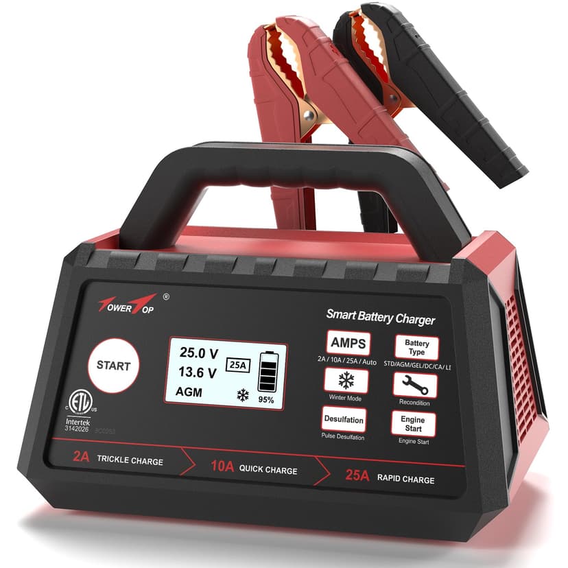 TowerTop 2/10/25 Amp 12V Smart Car Battery Charger, Fully Automatic Battery Maintainer with Engine Start, Auto Desulfator, Battery Repair, Winter Mode, for AGM, STD, Gel, Deep Cycle Batteries