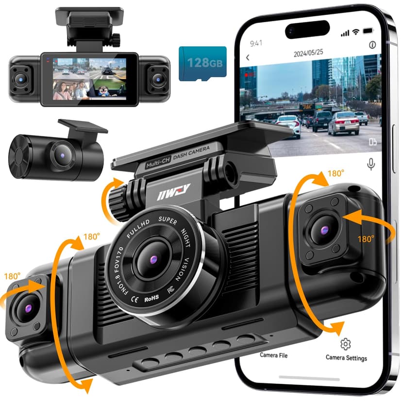 IIWEY N5 4 Channel Dash Cam for Cars, 360° View 2K Front 1080P Rear Inside | Includes 128GB Card, 5G WiFi & APP Control, IR Night Vision, G-Sensor, 24 Hours Parking Mode