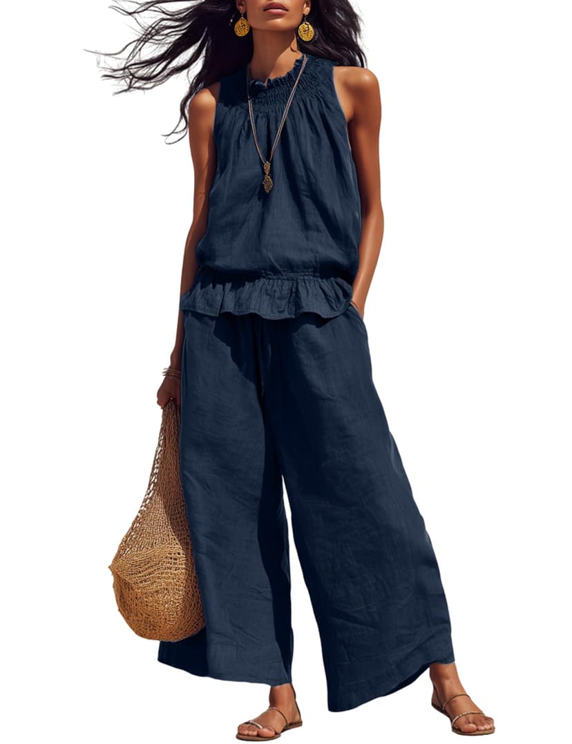Tanming Women's Linen 2 Piece Outfits Sleeveless Ruffle Top Wide Leg Pants Summer Loungewear Beach Travel Sets