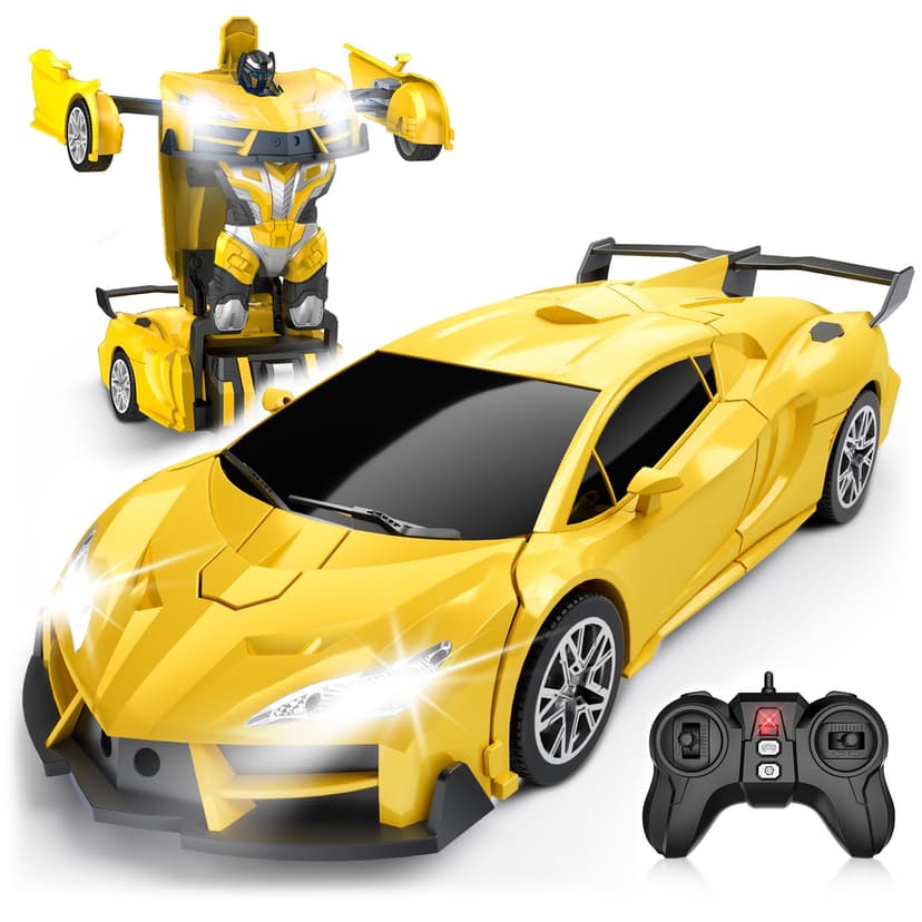 Qumcou 1:16 Transform Remote Control Car, Toys for Boys Age 3-8, Yellow | Easy 2.4GHz Controls, 360° Spins for Indoor Play. LED Light, One-Button Transforming. Fun Birthday Gift for Boys