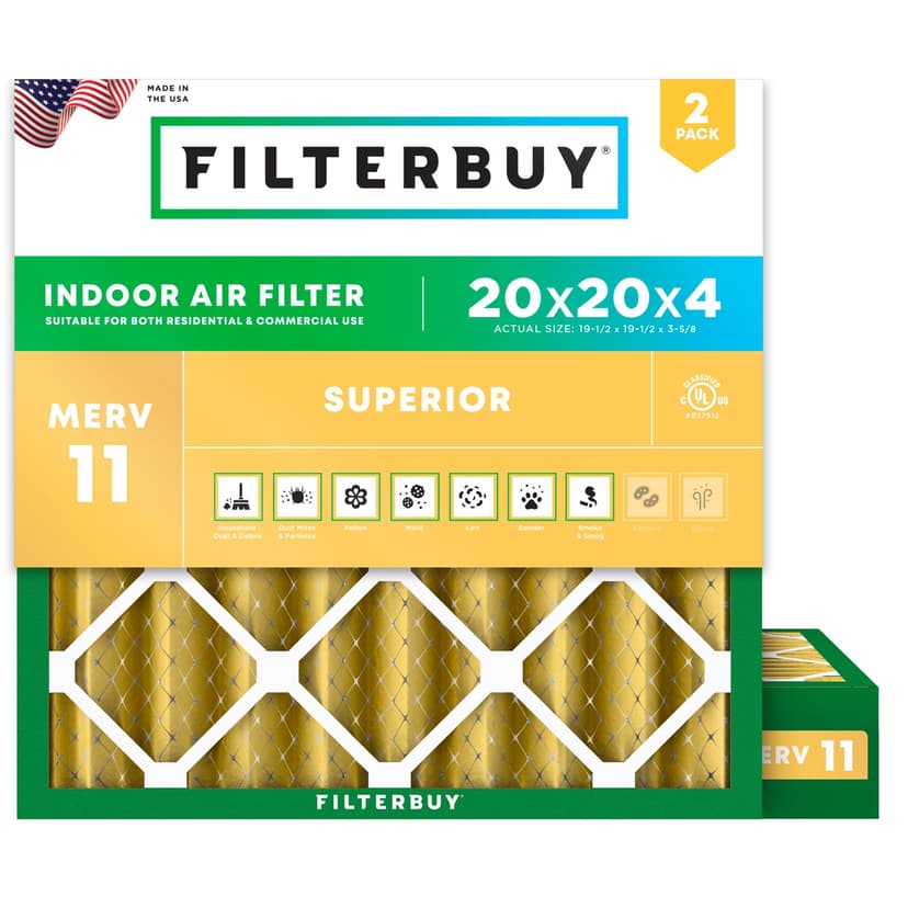 Filterbuy 20x20x4 Air Filter MERV 11 Pet & Allergy Defense (2-Pack) | Electrostatic Pleated HVAC AC Furnace Filters Replacement, Made in USA (Actual Size: 19.50 x 19.50 x 3.63)
