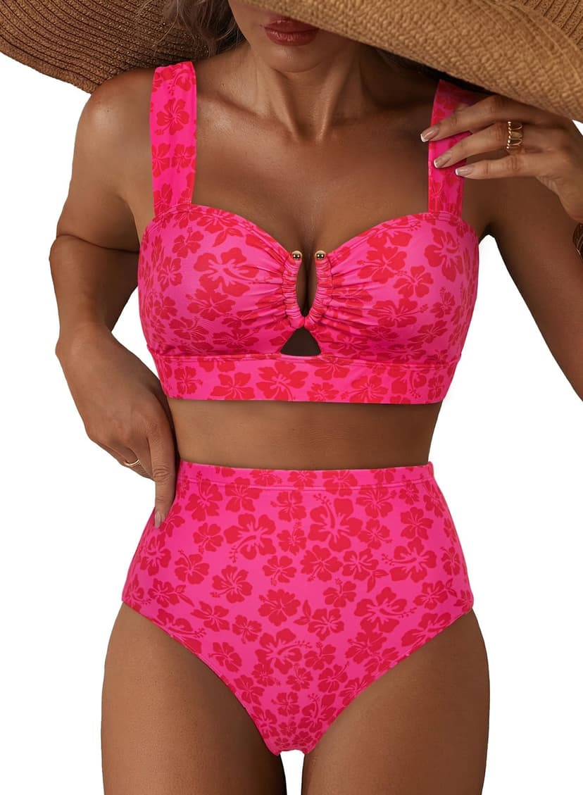 Herseas Women's 2 Piece U Wire Cutout Bikini Sets Floral Print High Waisted Swimsuit 2026 Summer Beach Swim Bathing Suit