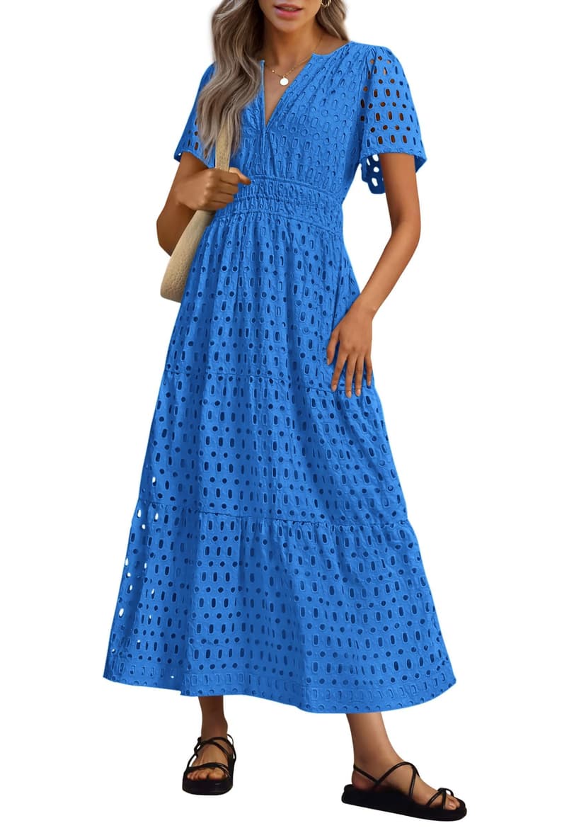 PRETTYGARDEN Women's Summer Hollow Out Eyelet Maxi Dress | Boho Dresses, Smocked Waist, Short Sleeve, V Neck, A-Line, Long Flowy Dress, Party Wedding Guest, Beach Vacation Outfits