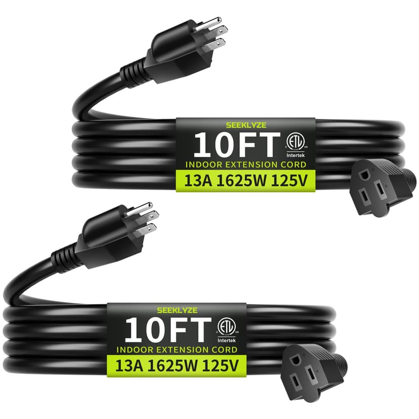 Seeklyze 16/3 Black 10 FT (2Pack) Extension Cord Indoor for Appliances | Extension Cord 10FT 2Pc for Laptops, Coffee Makers, 3 Prong Small Resistant Cable Flexible, 13A 125V 1625W ETL Listed