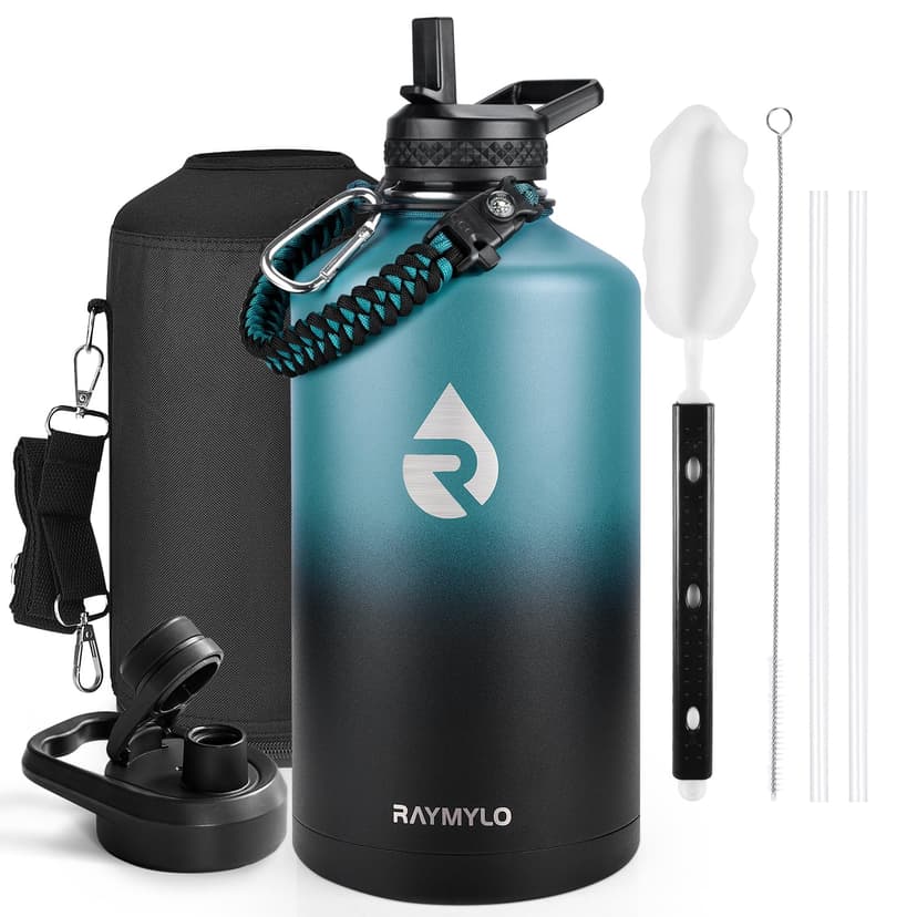RAYMYLO One Gallon Water Bottle Insulated 128 oz, Stainless Steel | Triple Walled Vacuum (Cold for 48 Hrs), Leak Proof & Non-BPA, Large Water Flask Jug with Paracord Handle & Straw Spout Lids