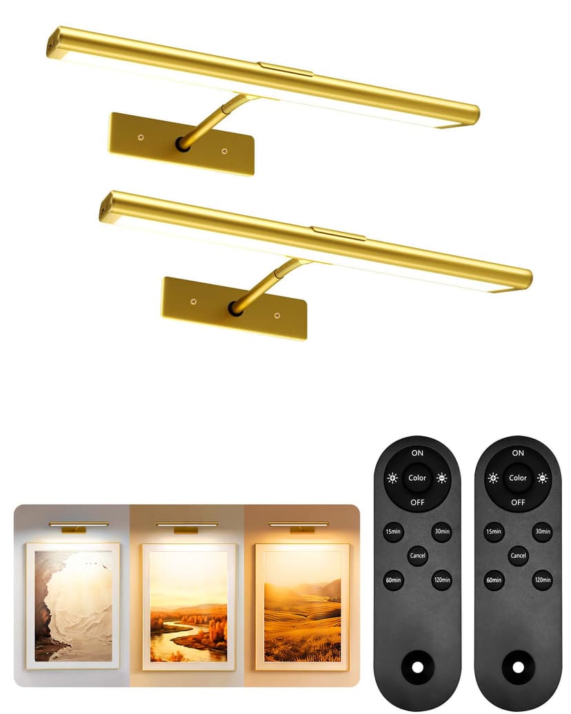 EZVALO Picture Light for Wall, 4800mAh Rechargeable Wireless Remote, 13‘’ Dimmable Magnetic LED Art Display Light with 3 Color Temperatures, for Gallery, Living Room, Bedroom, Hallway (Gold-2Pack)