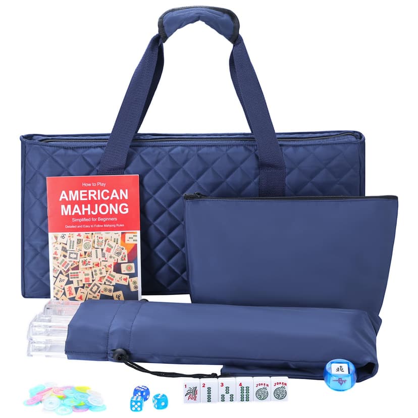 Jongyance American Mahjong Set with Dark Blue Carrying Bag, 166 White Tiles, 4 Racks withPushers, Mahjong Tiles Set for Beginners