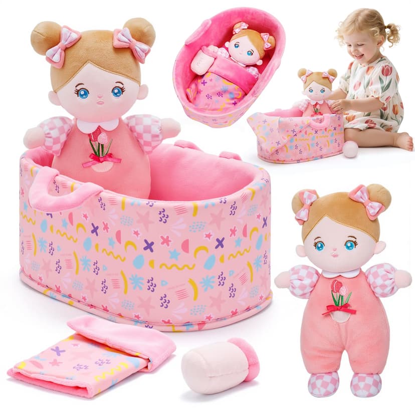 OUOZZZ Baby Doll Accessories with Soft Doll, Bassinet, Blanket and Bottle | Interactive Pretend Playset for Social Emotional Learning, Educational Toy for 2 Year Old Girls