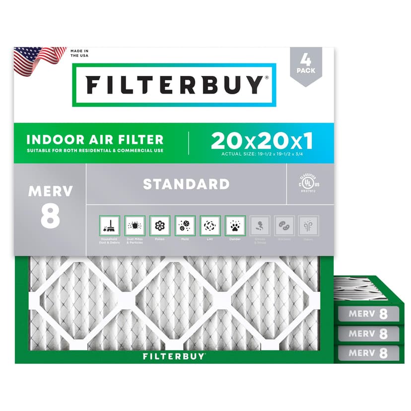 Filterbuy 20x20x1 Air Filter MERV 8 Dust & Allergy Defense (4-Pack) | Electrostatic Pleated HVAC AC Furnace Filters Replacement, Made in USA (Actual Size: 19.50 x 19.50 x 0.75)