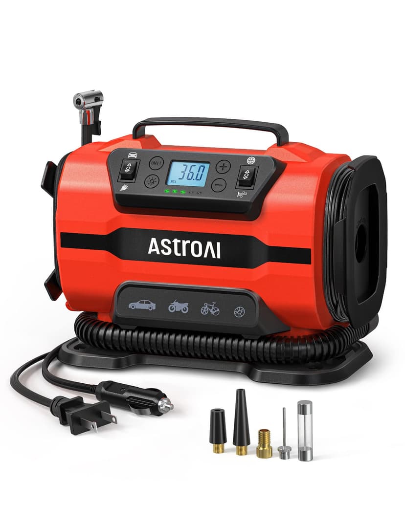 AstroAI Tire Inflator Portable Air Compressor, 12V DC/120V AC Dual Power | Fast-Inflating Air Pump with Dual Metal Motors, 150PSI Digital Gauge for Car, SUV, Bike Tires & Air Mattresses, Red
