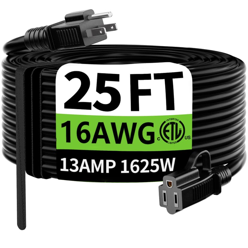 HUANCHAIN Indoor Outdoor Black Extension Cord 25 ft Waterproof, 16/3 Gauge Flexible Cold-Resistant Appliance Cable Outside, 13A 1625W 16AWG SJTW, 3 Prong Electric Cord, ETL | 16 AWG 25 Foot 3 Prong Ex
