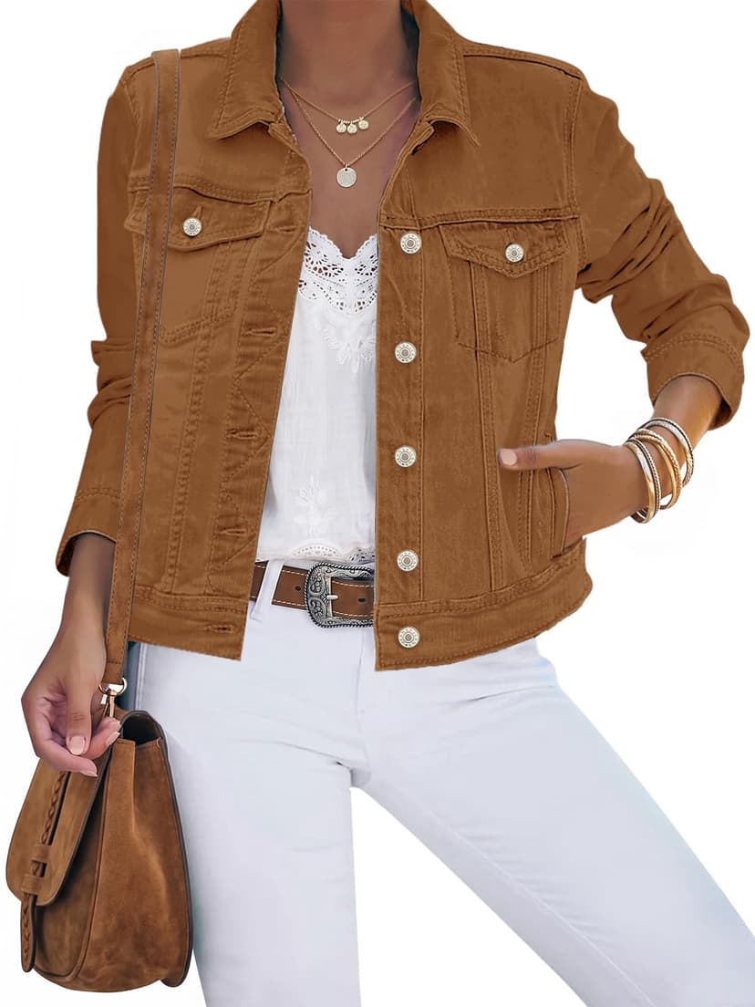 luvamia Women's Basic Button Down Stretch Fitted Long Sleeves Denim Jean Jacket