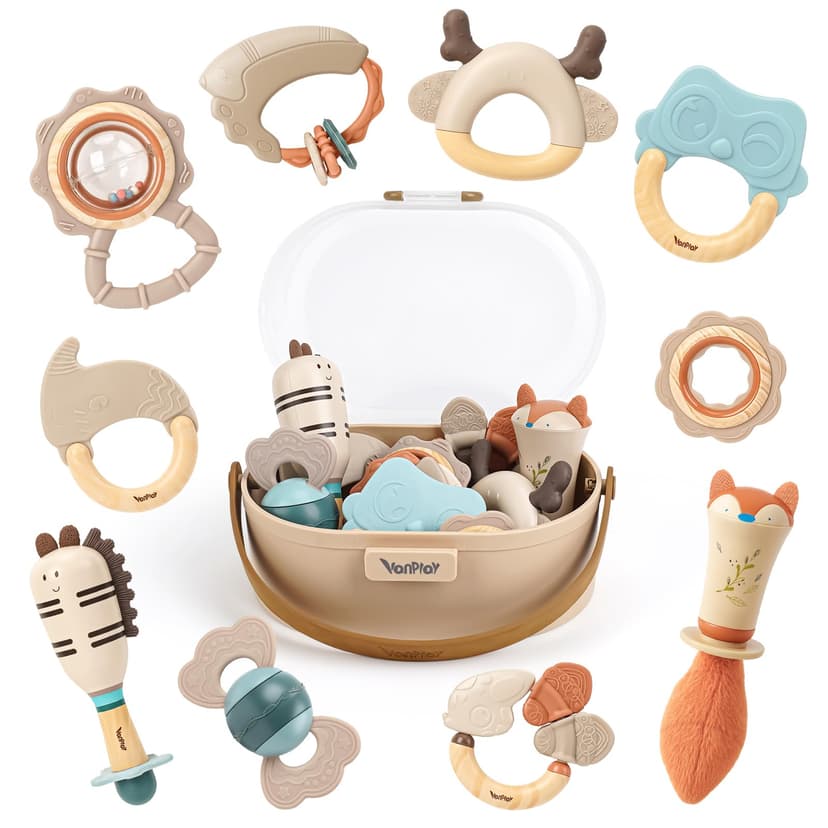 Baby Rattles & Teethers Set, Baby Toys 0-6 Months, Teething Toys 3-6 Months | Sensory Toys with Soft Textures, Gentle Sounds & Easy-Grip Shape, Neutral Newborn Gift（10-Pack）