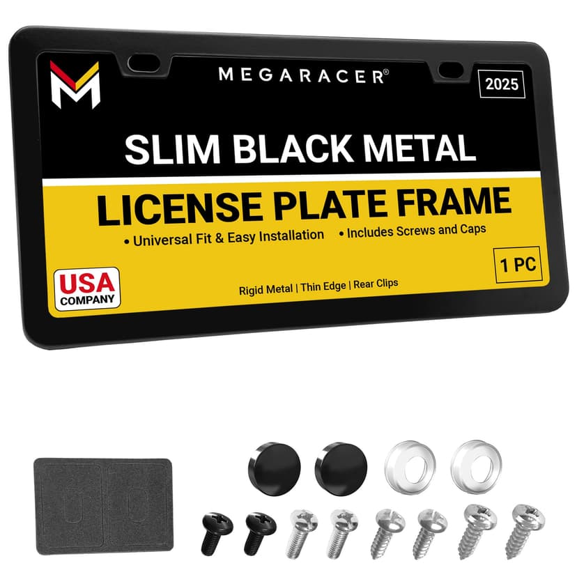 Premium Slim Matte Black License Plate Frame, 1 Piece, Metal Car Tag Holder | Rust-Free Stainless Steel, Rattle-Free, Street Legal, Universal with Screw Caps, Thin Edge, Front or Rear, For Men & Women
