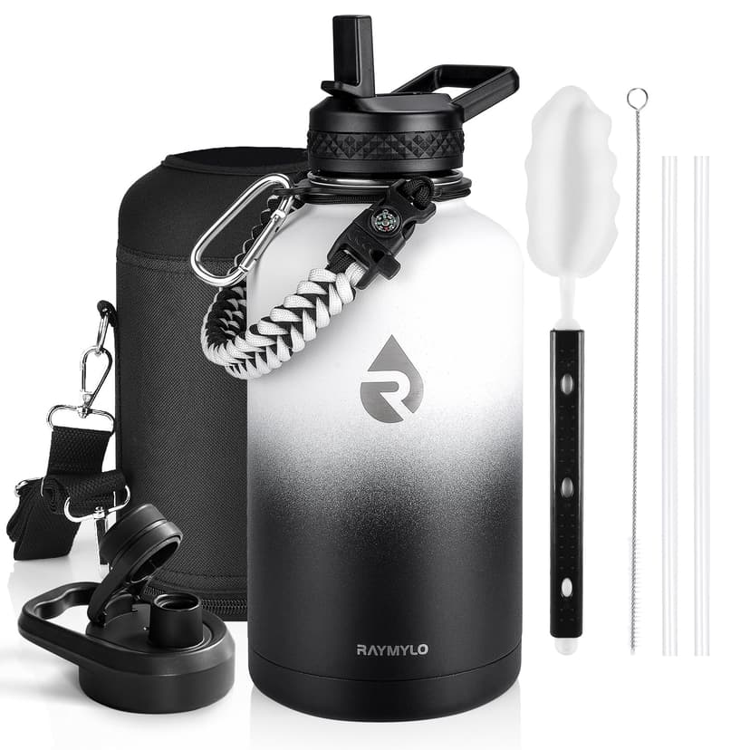 RAYMYLO Insulated Water Bottle 64 oz, Triple Wall Vacuum Stainless Steel | (Cold for 48 Hrs), Leak Proof & Non-BPA, Half Gallon Water Flask Jug with Paracord Handle & Straw Spout Lids