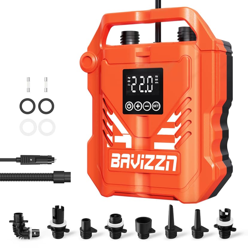 BAVIZZN 22PSI Paddle Board Pump Electric, 12V DC Car Powered SUP Pump with Dual Stage Inflation, Portable Air Pump for Inflatable Paddleboards, Boats, Mattresses & Water Sports Inflatables