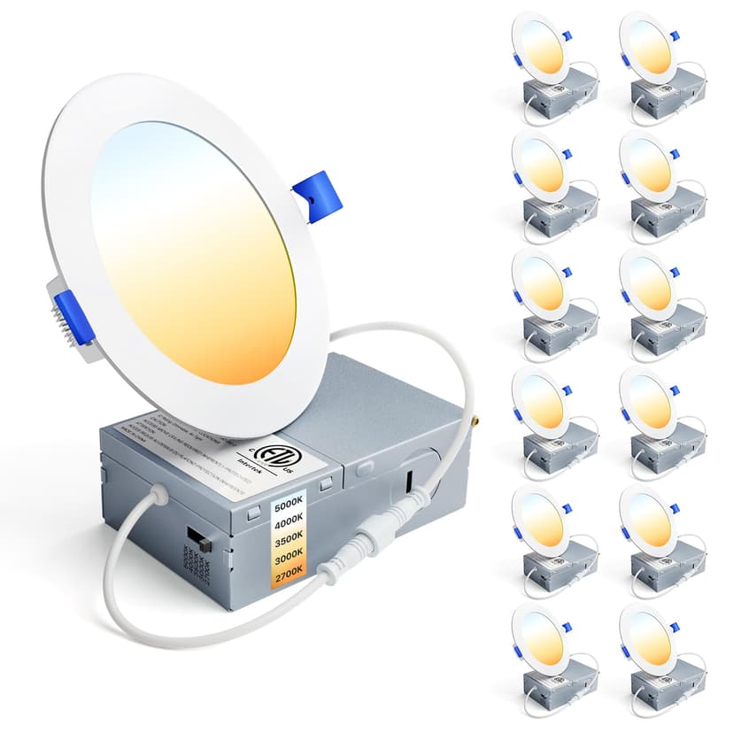 Ensenior 12 Pack 4 Inch LED Recessed Ceiling Light, 5CCT, 750LM 9W 120V | 2700K-5000K Selectable, 5%-100% Dimming, Ultra-Thin Canless Wafer Downlight with Junction Box, Damp Rated, ETL&FCC&IC