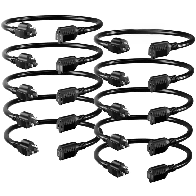 Seeklyze 16/3 Black Extension Cord 8IN 10Pc Indoor, Short Extension Cord | Short Extension Cord 8in 10Pc for Laptops, Coffee Makers, 3 Prong Small Resistant Cable Flexible, 13A 125V 1625W ETL Listed