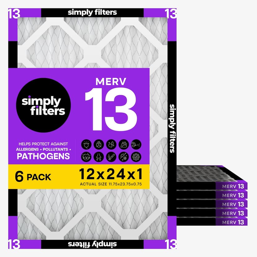 Simply 12x24x1 Air Filter, Merv 13, 6 Pack, For Home AC Furnace & HVAC (Actual Size: 11.75"x23.75"x0.75") DUST, Pet, & Allergy Control