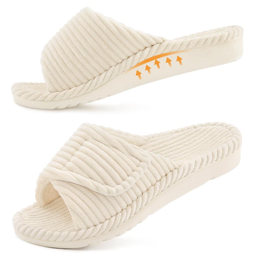 Litfun Orthopedic Slippers for Women Arch Support Indoor House Slippers Adjustable Open Toe Corduroy Bedroom Shoes with Memory Foam for Plantar Fasciitis