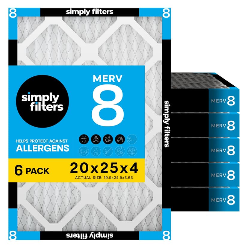 Simply 20x25x4 Air Filter, MERV 8, 6 Pack, Furnace Air Filter for HVAC (Actual Size:19.5"x24.5"x3.63") DUST, Pet, & Allergy Control