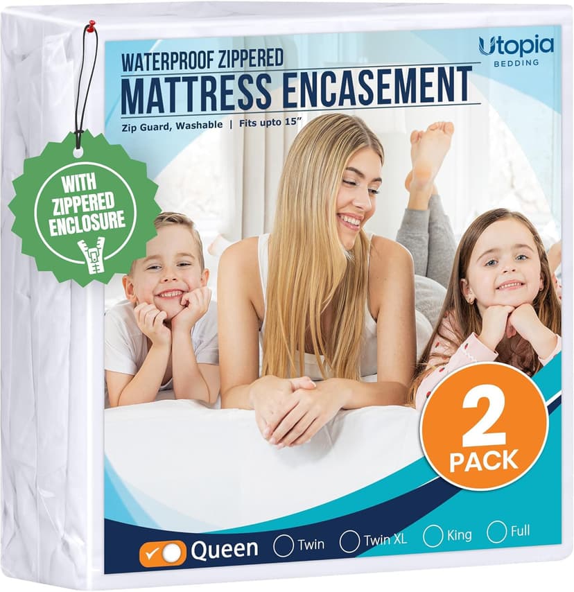 Utopia Bedding Queen Mattress Protector Zippered 2 Pack, 100% Waterproof | Bed Bug & Dust Mite Proof Mattress Encasement, Absorbent 6 Sided Mattress Cover fits upto 15" deep Pockets, Machine Washable