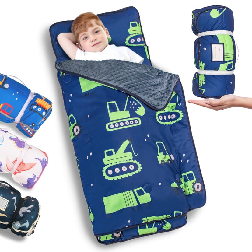 Primlect Toddler Nap Mat with Pillow, Thickened Extra Large Sleeping Bag | 55''x35'' Sleeping Mat with Blanket, Washable, Roll up, Perfect for Daycare, Preschool, Kindergarten, Boys and Girls