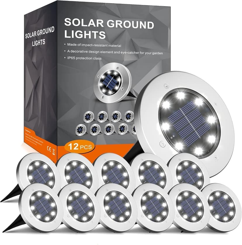 INCX Solar Lights Outdoor Waterproof, Cold White, 12 Pack Ground Lights | Solar Powered Lights Outdoor Solar Disk Light Landscape Light for Deck Step Patio Yard Pathway Walkway Driveway Garden