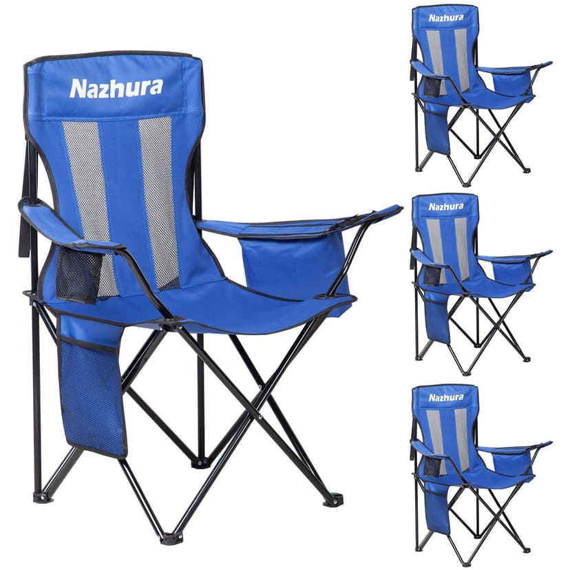 Nazhura 4 Pack Outdoor Camping Chairs Folding/Foldable/Portable with Cooler Pouch, Mesh Backrest and Cup Holder Pocket (Blue, Metal, 4 Pack)