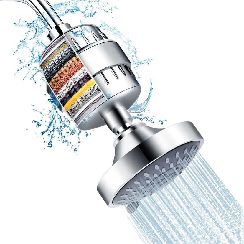 FEELSO Shower Head with Shower Filter, Filtered Shower Head for Hard Water | High Pressure, Anti-clog Nozzles, 5 Spray Showerhead, 15 Stage Water Softener Filters, Remove Chlorine and Harmful Substanc