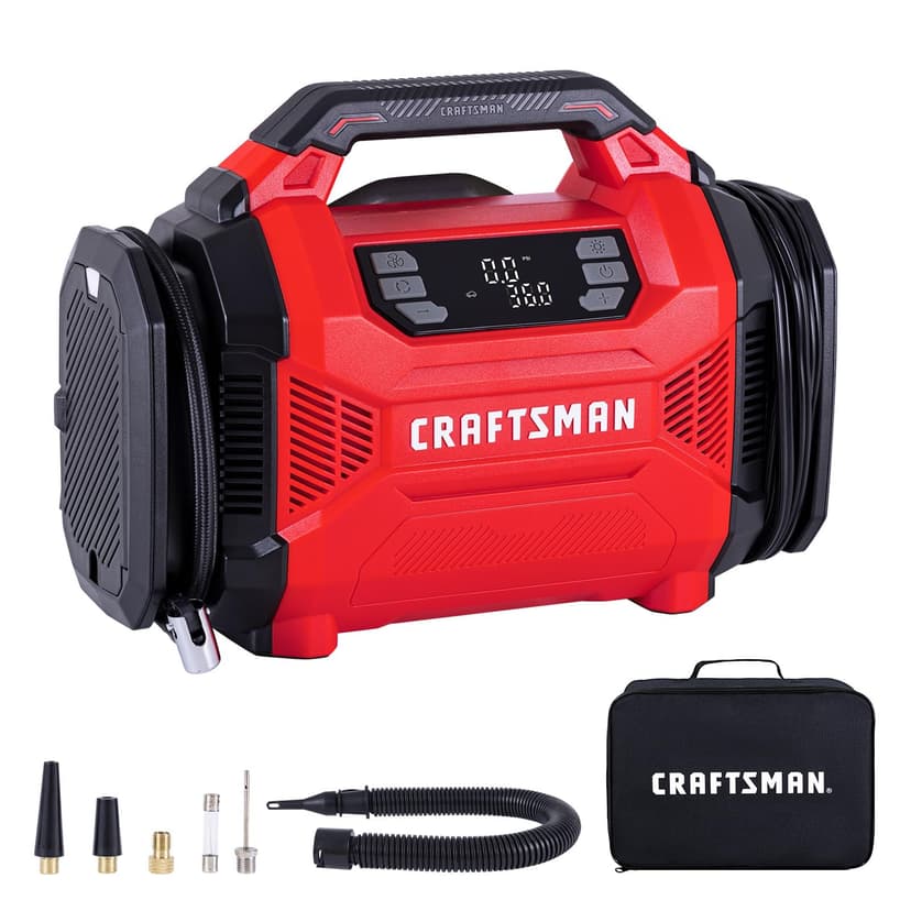 CRAFTSMAN Dual Power Tire Inflator with Digital Gauge & Auto Shut-Off | 12V DC Car Plug and 120V AC Home Use with Up to 150 PSI, LED Light, Portable Air Pump for Car Tires, Bikes and Inflatables
