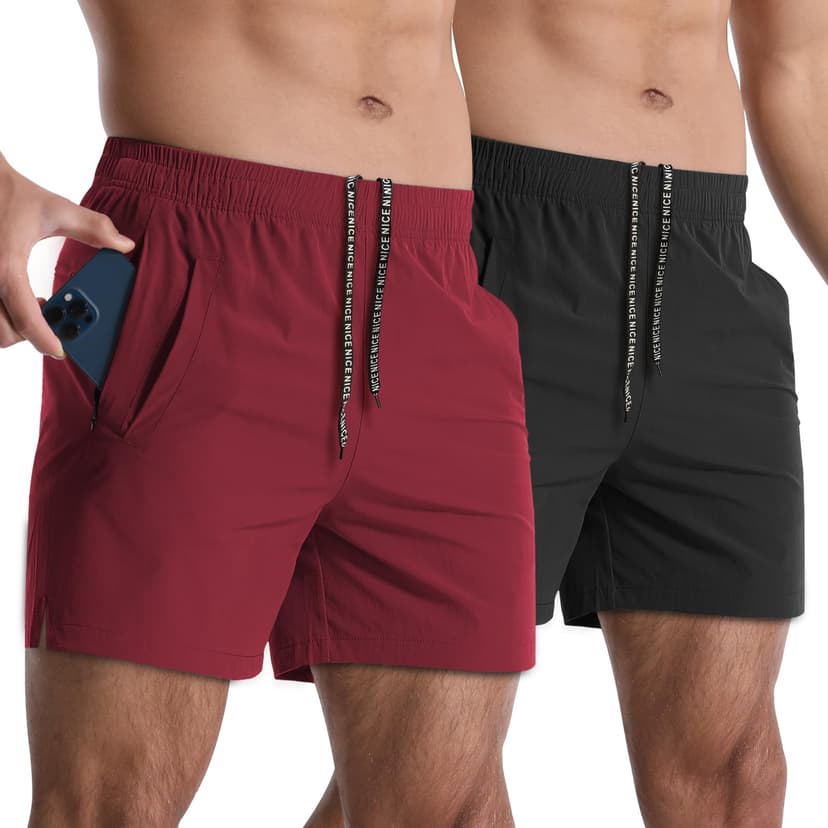 Lempue 2 Pack Mens Athletic Shorts 5" Gym Workout Running Zipper Pockets | Quick Dry, Unlined, Lightweight, Moisture Wicking, Side Split, Inner Drawstring, Active Sports Exercise