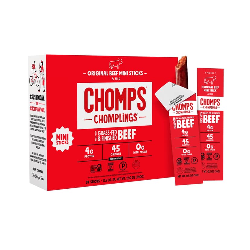 Chomps Original Beef Chomplings, Grass-Fed & Finished, 24ct, Protein Snack | Beef Jerky, Original Grass-Fed And Finished Beef Sticks With Zero Sugar, Certified Gluten Free, Keto Friendly, Whole30