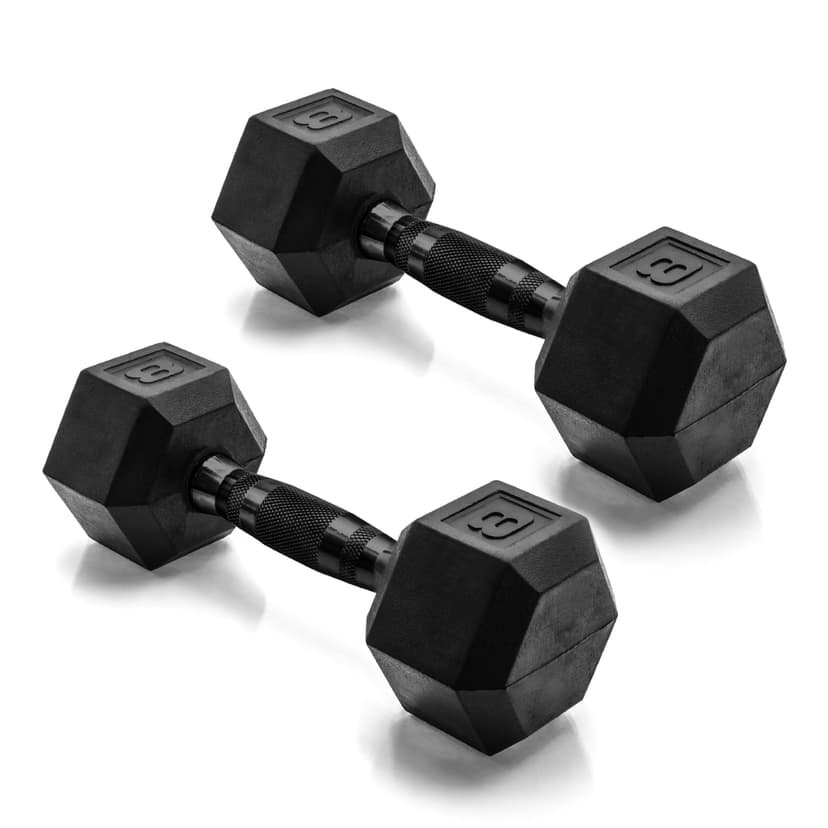 CAP Rubber Coated Dumbbell Weights, Free Weights for Home Gym Strength Training, Anti-Roll Hex Dumbbells with Black, Chrome & Comfort Grip Handles, Pairs & Sets