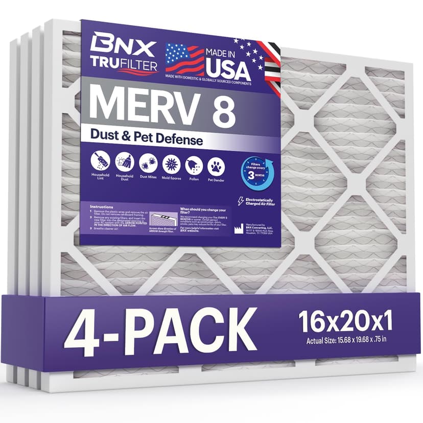 BNX TruFilter 16x20x1 Air Filter MERV 8 (4 Pack) - MADE IN USA – Dust & Pet Defense Electrostatic Pleated Air Conditioner HVAC AC Furnace Filters for Dust, Pet, Mold, Pollen MPR 600 – 700 & FPR 5