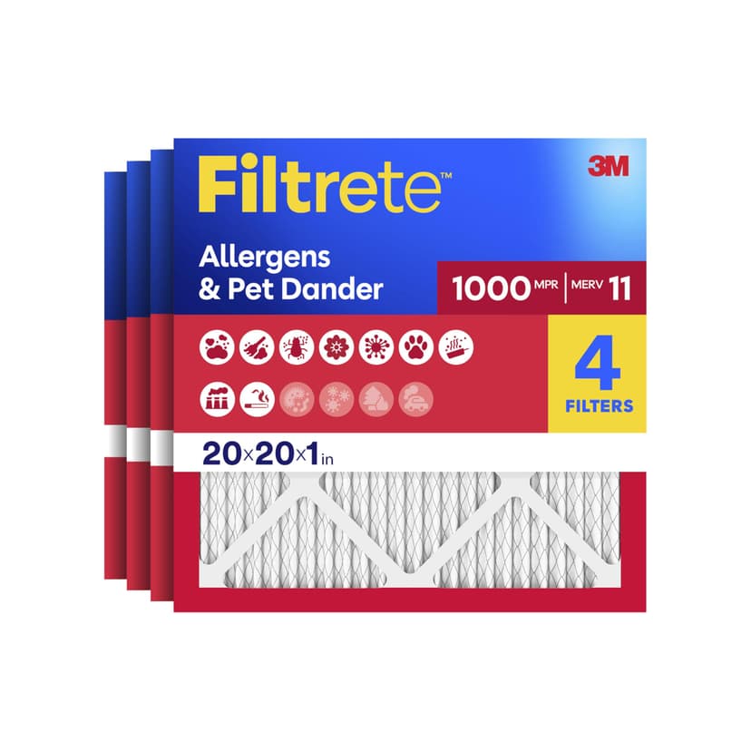 Filtrete 20x20x1 Air Filter, MERV 11, MPR 1000, Allergens & Pet Dander, 3-Month AC and Furnace Filters, Cleaner Air, Reliable Airflow, 4 HVAC Filter (Actual Size 19.68 x 19.68 x 0.81 in)