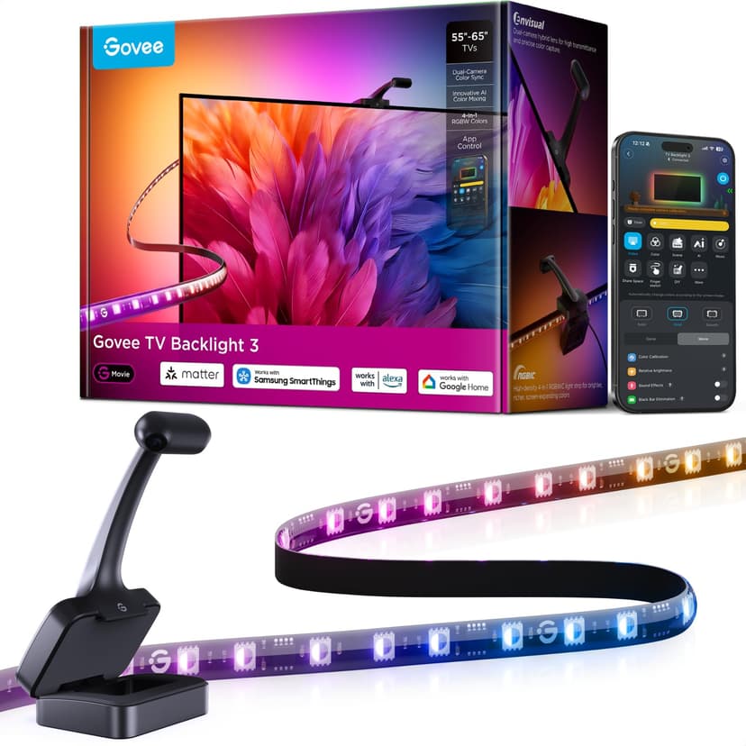Govee TV Backlight 3 with Dual 4MP Lens, TV Lights Sync to 55-65 Inch TVs | RGBWIC LED Strip Lights for Movie Night, Smart AI Color Filter, App & Voice Control, Compatible with Matter, 60LEDs/m, 11.8f