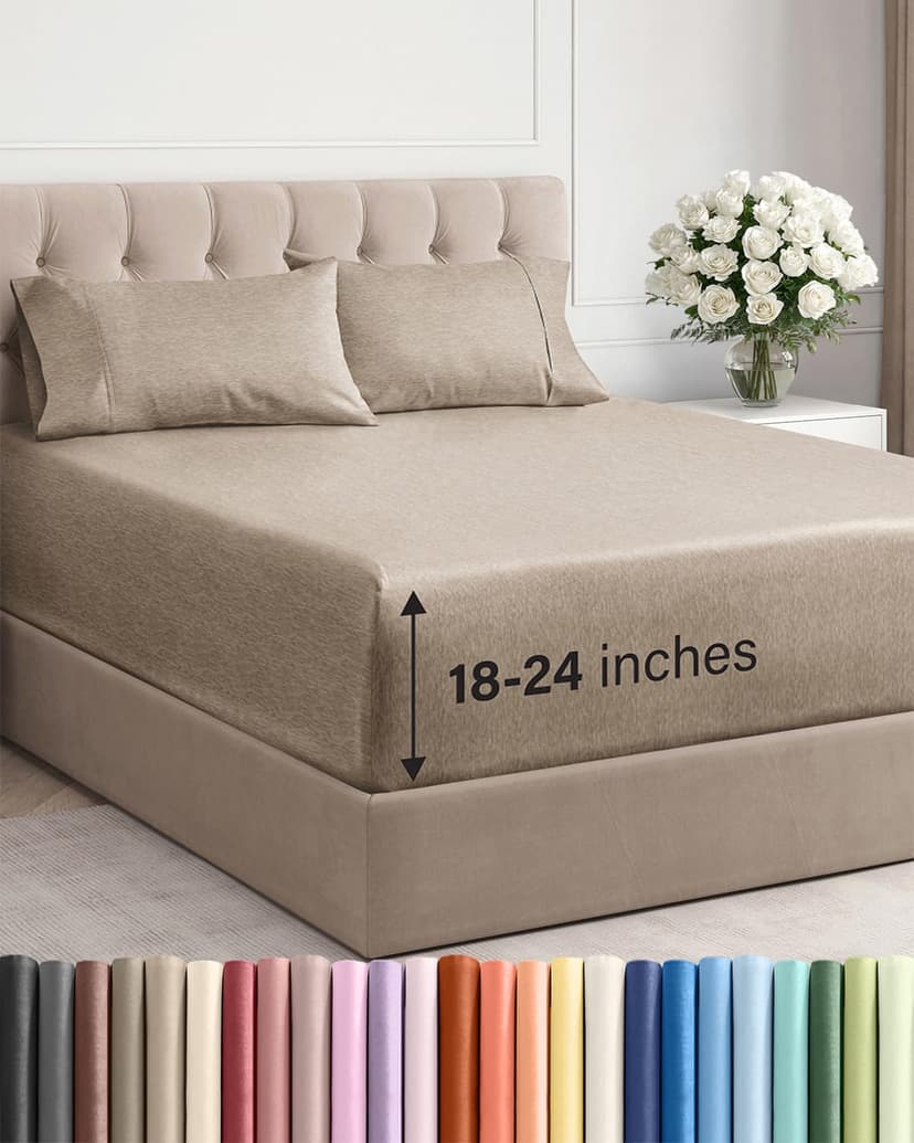 Extra Deep Cal King Sheet Set - 4 Piece Cooling Sheets - Heathered Beige | Easily Fits 18 to 24 inch Mattress, Ultra Soft, Wrinkle & Fade Free with Extra Deep Pockets, Comfy Hotel Luxury Bedding