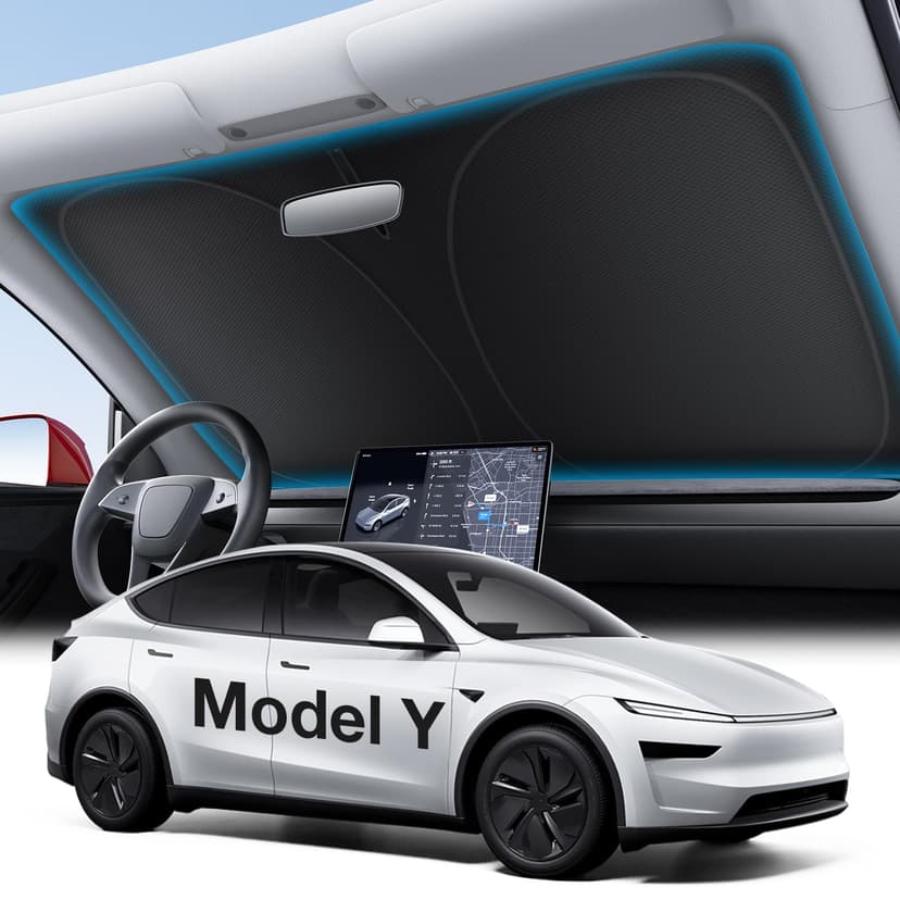Wigoo Tesla New Model Y Accessories Windshield Sunshade [OEM Design, 100% Sun Blockage] Foldable Heat Insulation Sunshade with Storage Bag, for Model Y 2020~2026 (Juniper), Silver Coating